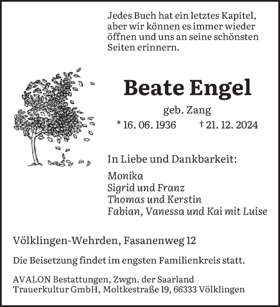 Todesanzeige von Beate Engel von saarbruecker_zeitung