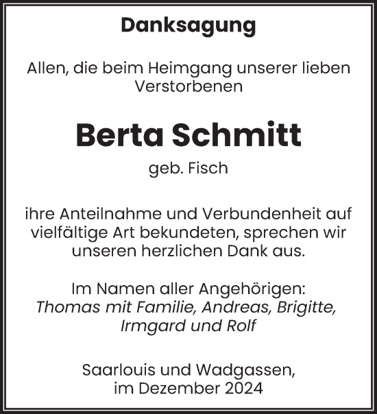 Todesanzeige von Berta Schmitt von saarbruecker_zeitung
