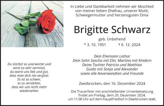 Todesanzeige von Brigitte Schwarz von saarbruecker_zeitung