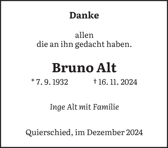 Todesanzeige von Bruno Alt von saarbruecker_zeitung