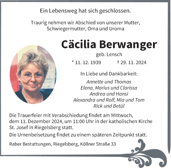 Todesanzeige von Cäcilia Berwanger von saarbruecker_zeitung