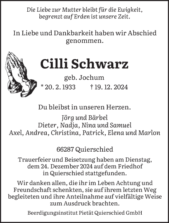 Todesanzeige von Cilli Schwarz von saarbruecker_zeitung