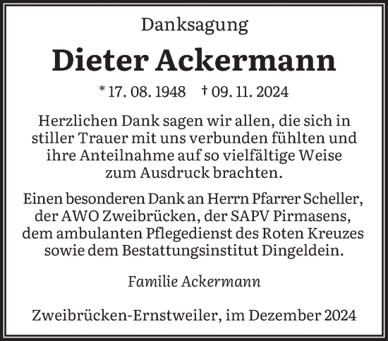 Todesanzeige von Dieter Ackermann von saarbruecker_zeitung