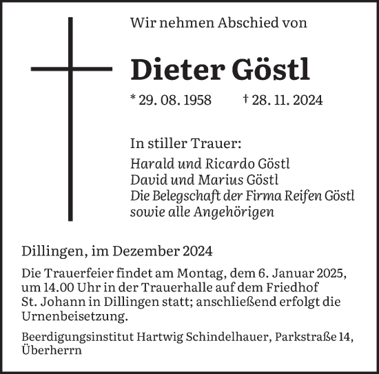 Todesanzeige von Dieter Göstl von saarbruecker_zeitung