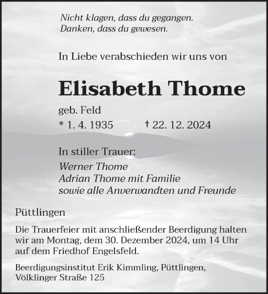 Todesanzeige von Elisabeth Thome von saarbruecker_zeitung
