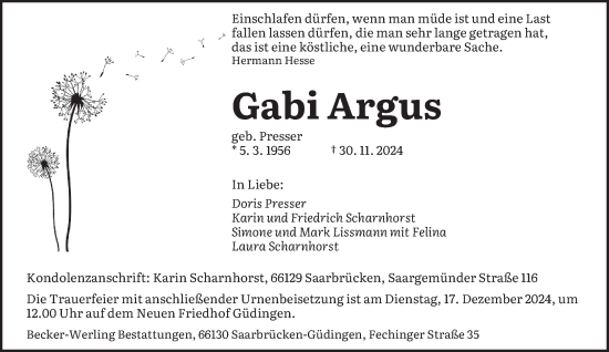 Todesanzeige von Gabi Argus von saarbruecker_zeitung