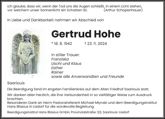 Todesanzeige von Gertrud Hohe von saarbruecker_zeitung