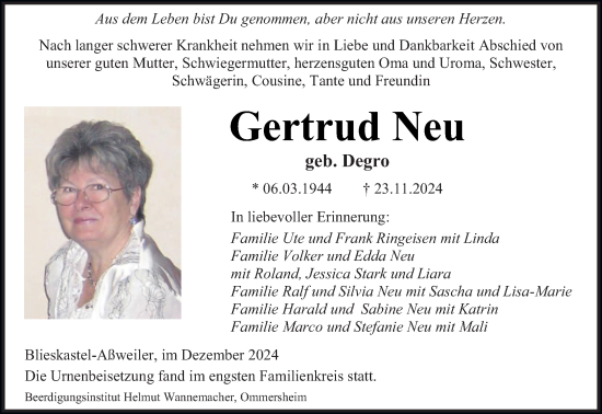 Todesanzeige von Gertrud Neu von saarbruecker_zeitung