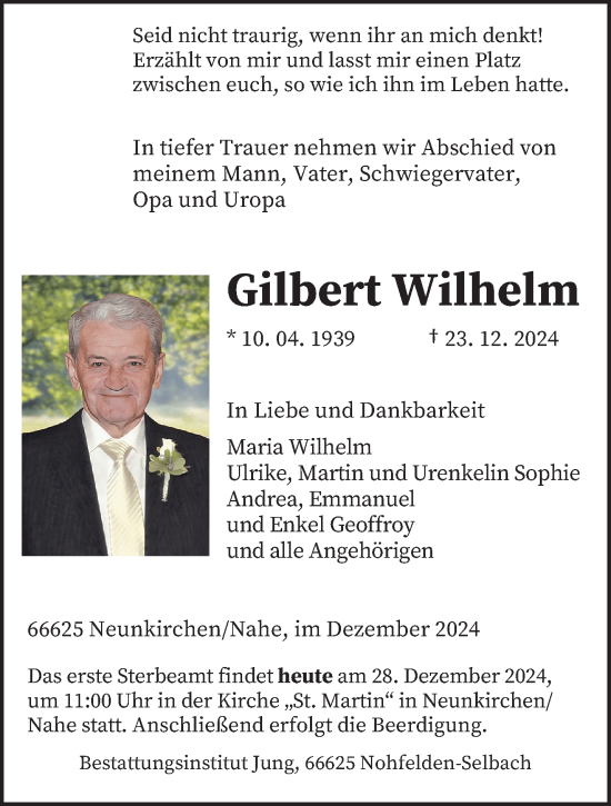 Todesanzeige von Gilbert Wilhelm von saarbruecker_zeitung