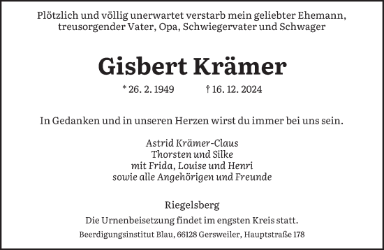 Todesanzeige von Gisbert Krämer von saarbruecker_zeitung