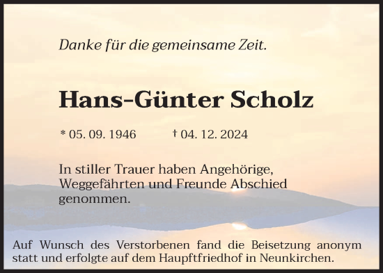 Todesanzeige von Hans-Günter Scholz von saarbruecker_zeitung