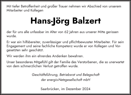 Todesanzeige von Hans-Jörg Balzert von saarbruecker_zeitung