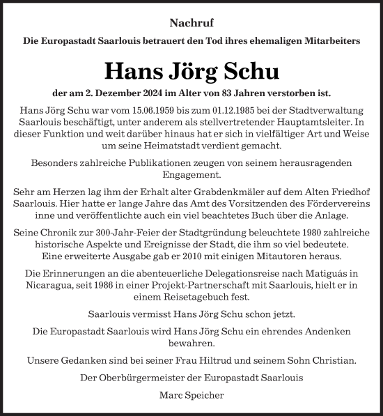 Todesanzeige von Hans Jörg Schu von saarbruecker_zeitung