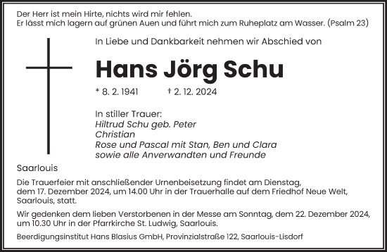 Todesanzeige von Hans Jörg Schu von saarbruecker_zeitung