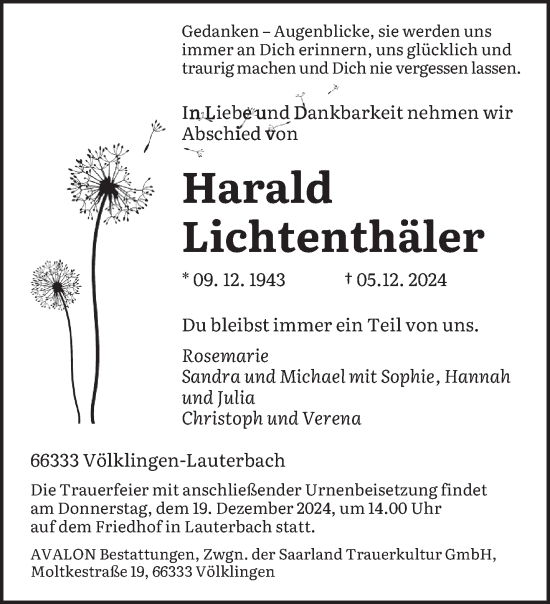 Todesanzeige von Harald Lichtenthäler von saarbruecker_zeitung