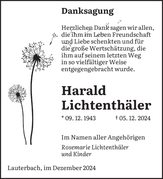 Todesanzeige von Harald Lichtenthäler von saarbruecker_zeitung