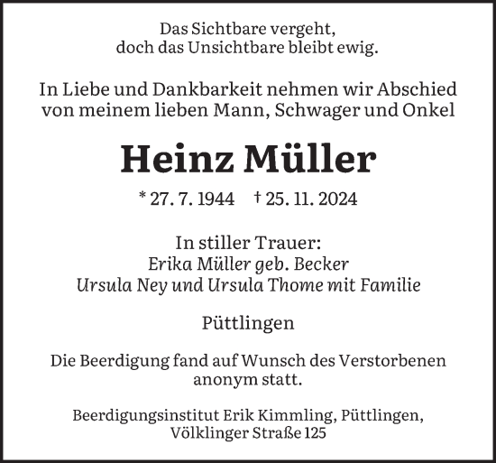 Todesanzeige von Heinz Müller von saarbruecker_zeitung
