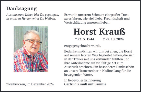 Todesanzeige von Horst Krauß von saarbruecker_zeitung