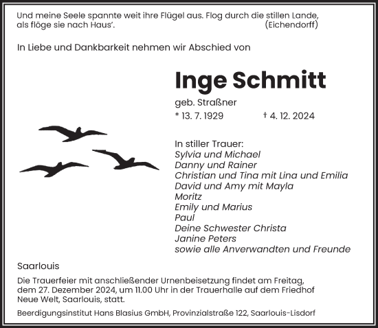 Todesanzeige von Inge Schmitt von saarbruecker_zeitung
