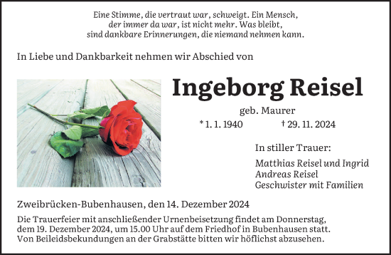 Todesanzeige von Ingeborg Reisel von saarbruecker_zeitung