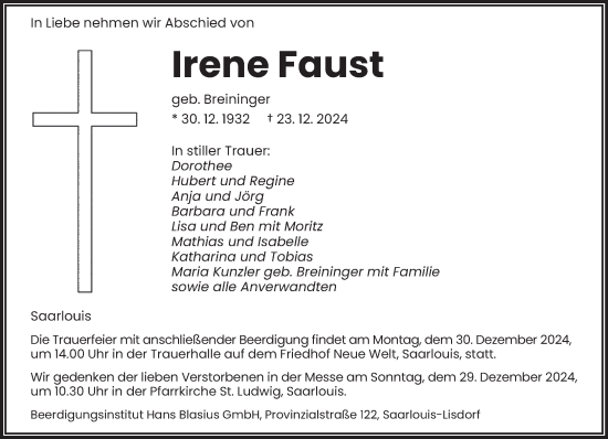 Todesanzeige von Irene Faust von saarbruecker_zeitung