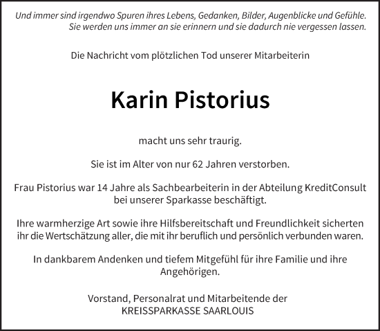 Todesanzeige von Karin Pistorius von saarbruecker_zeitung