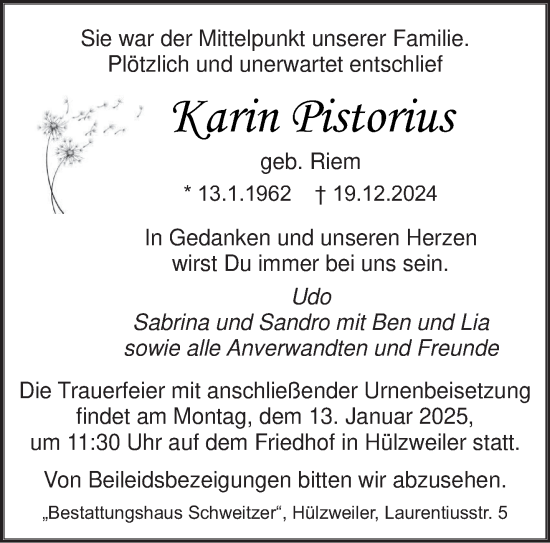 Todesanzeige von Karin Pistorius von saarbruecker_zeitung