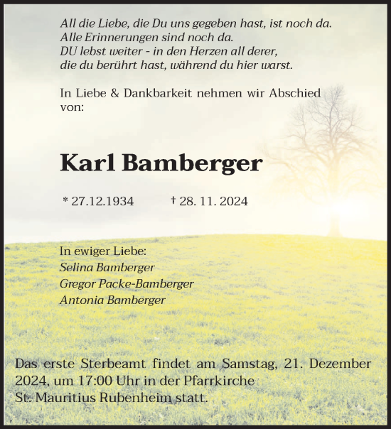 Todesanzeige von Karl Bamberger von saarbruecker_zeitung
