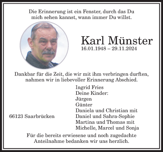 Todesanzeige von Karl Münster von saarbruecker_zeitung