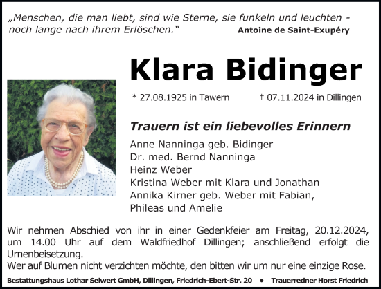 Todesanzeige von Klara Bidinger von saarbruecker_zeitung