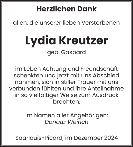 Todesanzeige von Lydia Kreutzer von saarbruecker_zeitung