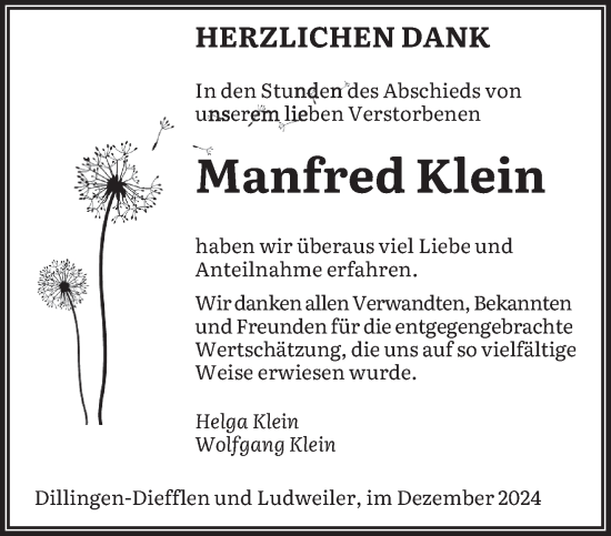 Todesanzeige von Manfred Klein von saarbruecker_zeitung