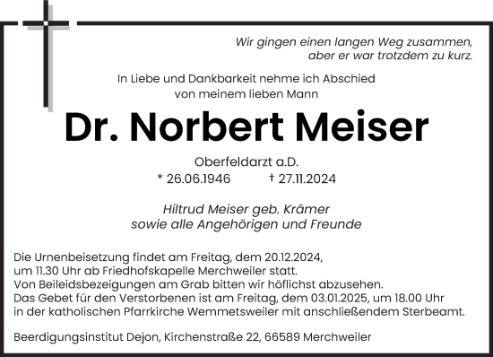 Todesanzeige von Norbert Meiser von saarbruecker_zeitung