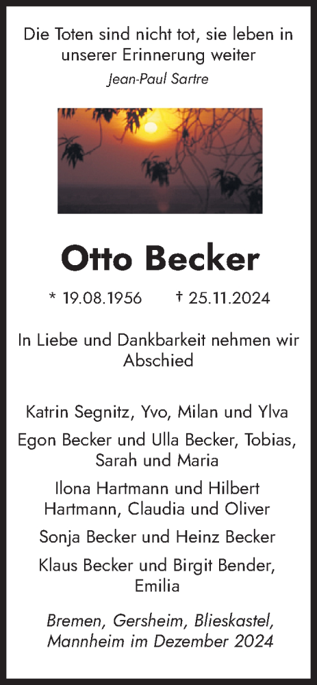 Todesanzeige von Otto Becker von saarbruecker_zeitung