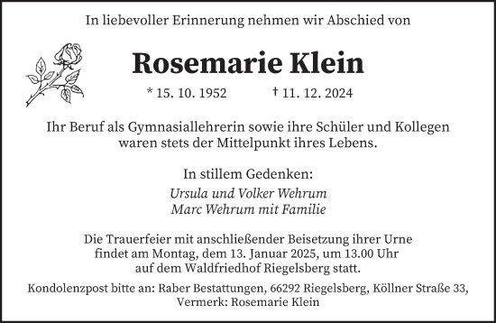 Todesanzeige von Rosemarie Klein von saarbruecker_zeitung