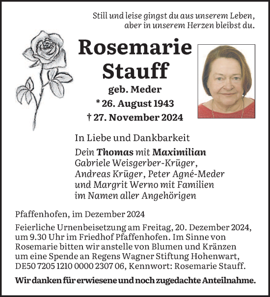 Todesanzeige von Rosemarie Stauff von saarbruecker_zeitung