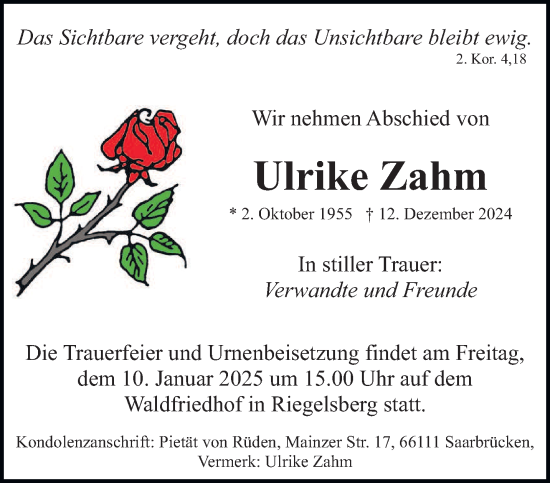 Todesanzeige von Ulrike Zahm von saarbruecker_zeitung