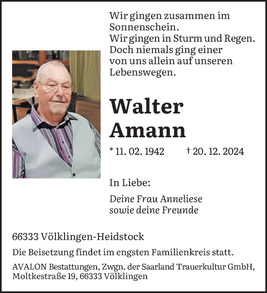 Todesanzeige von Walter Amann von saarbruecker_zeitung