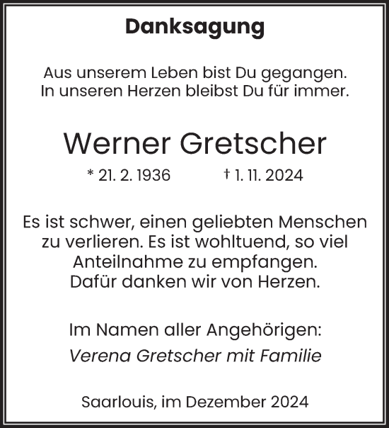 Todesanzeige von Werner Gretscher von saarbruecker_zeitung