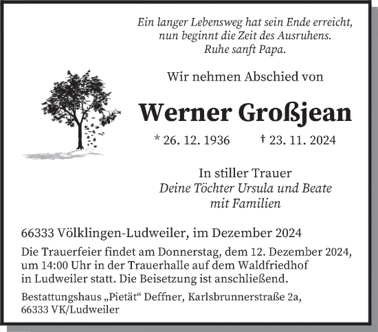 Todesanzeige von Werner Großjean von saarbruecker_zeitung