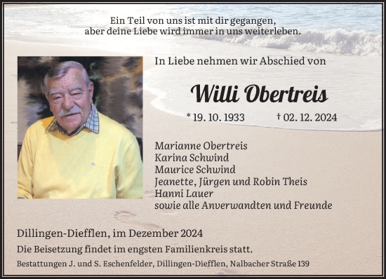 Todesanzeige von Willi Obertreis von saarbruecker_zeitung