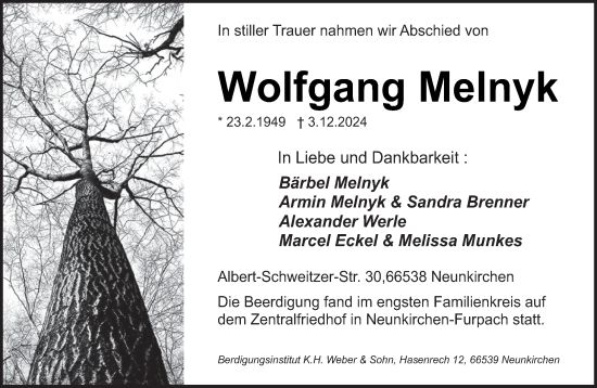 Todesanzeige von Wolfgang Melnyk von saarbruecker_zeitung