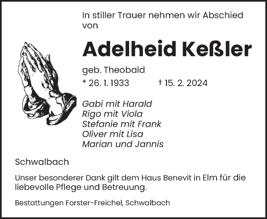 Todesanzeige von Adelheid Keßler von saarbruecker_zeitung
