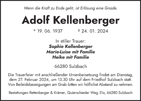 Todesanzeige von Adolf Kellenberger von saarbruecker_zeitung