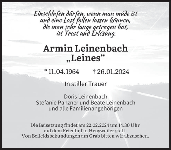Todesanzeige von Armin Leinenbach von saarbruecker_zeitung