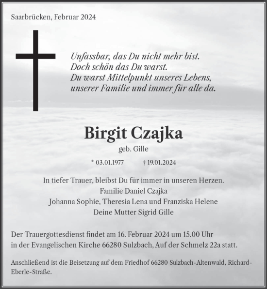 Todesanzeige von Birgit Czajka von saarbruecker_zeitung
