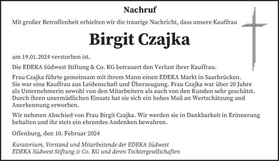 Todesanzeige von Birgit Czajka von saarbruecker_zeitung