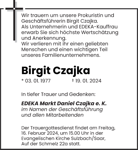 Todesanzeige von Birgit Czajka von saarbruecker_zeitung