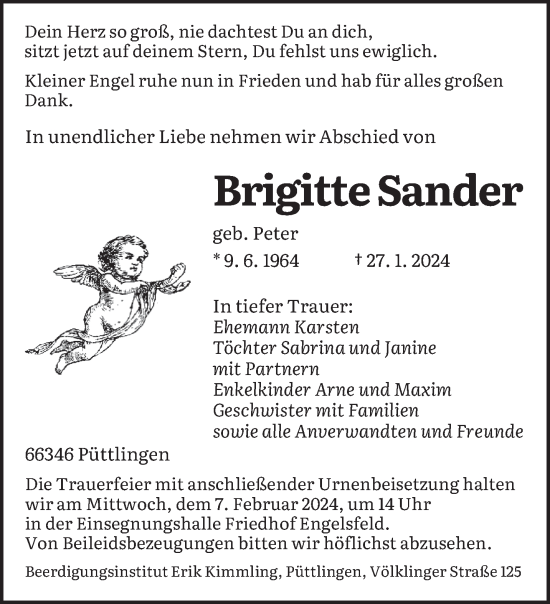 Todesanzeige von Brigitte Sander von saarbruecker_zeitung