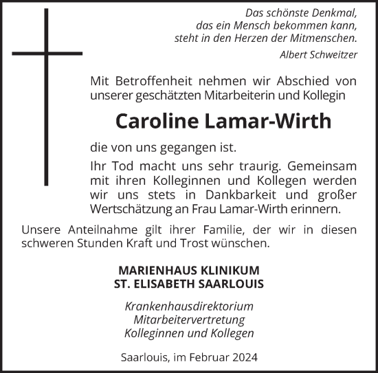 Todesanzeige von Caroline Lamar-Wirth von saarbruecker_zeitung